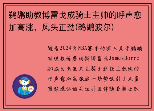 鹈鹕助教博雷戈成骑士主帅的呼声愈加高涨，风头正劲(鹈鹕波尔)