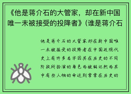 《他是蒋介石的大管家，却在新中国唯一未被接受的投降者》(谁是蒋介石)
