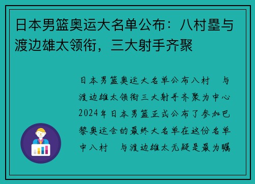 日本男篮奥运大名单公布：八村塁与渡边雄太领衔，三大射手齐聚