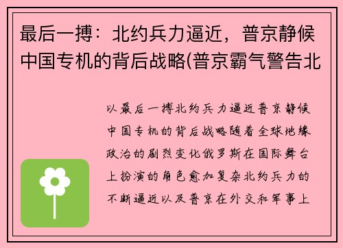 最后一搏：北约兵力逼近，普京静候中国专机的背后战略(普京霸气警告北约成员国视频)
