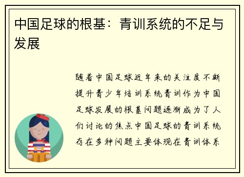 中国足球的根基：青训系统的不足与发展