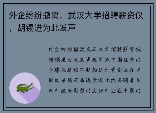 外企纷纷撤离，武汉大学招聘薪资仅，胡锡进为此发声